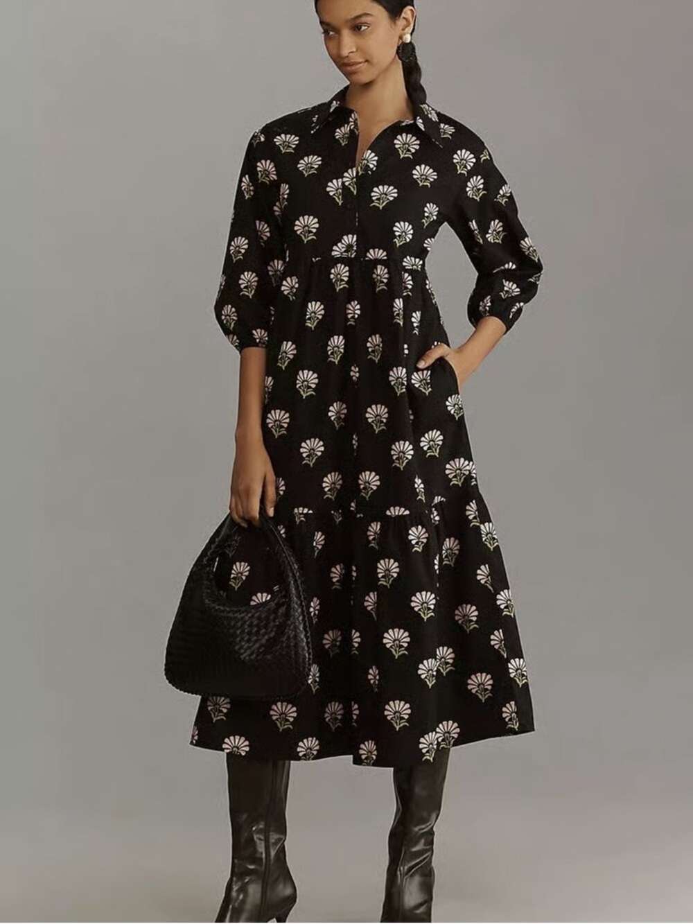 Anthropologie Maeve Bettina Dress Black Floral Print Midi Shirt Dress XS